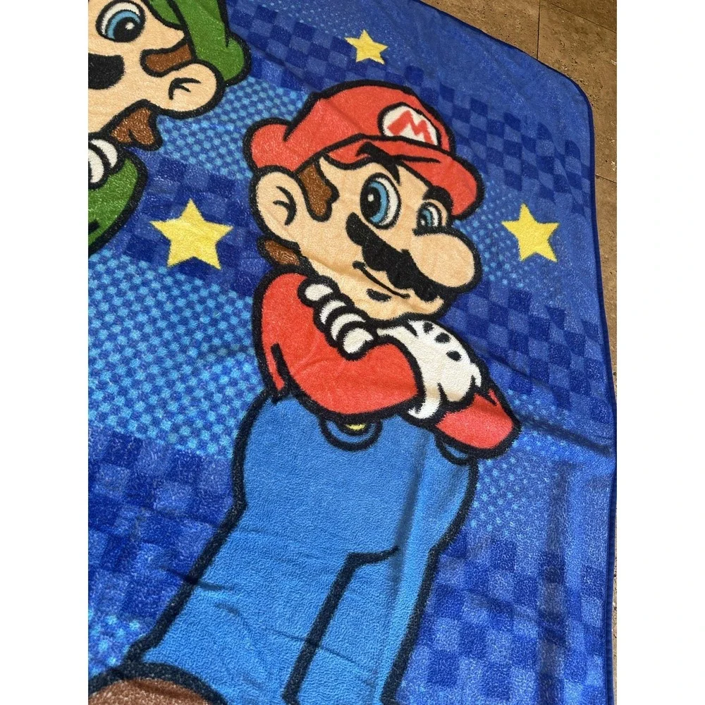 Nintendo Super Mario Bros Blanket Throw Blue Mario Luigi Stars‎ Plush Fleece